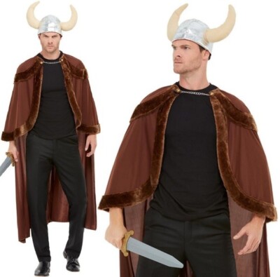 Adult Viking Fancy Dress Cape Hat Mens Viking Outfit Brown by