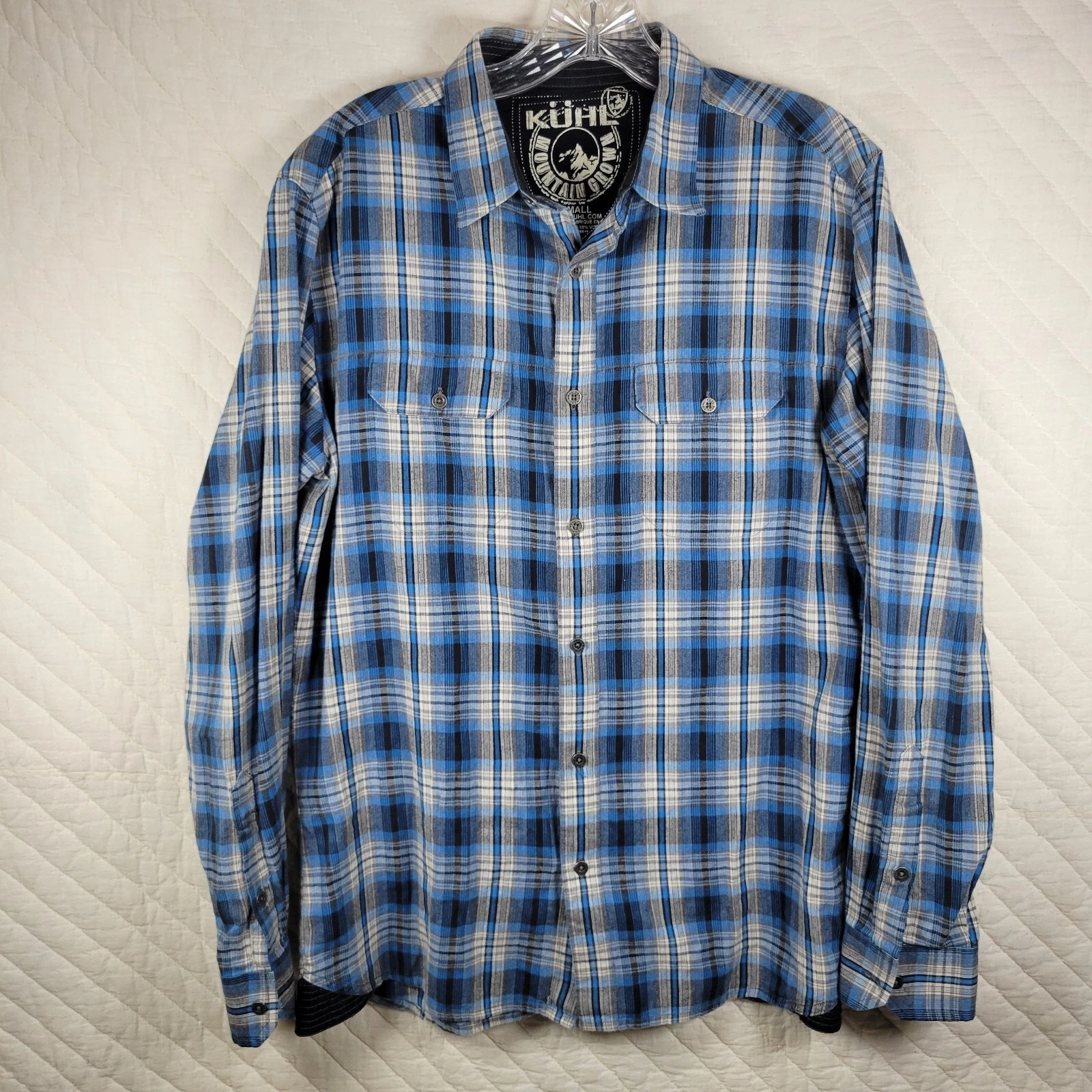 Kuhl Shirt Mens Small Blue Plaid Button Up Flannel Hiking Cotton Viscose