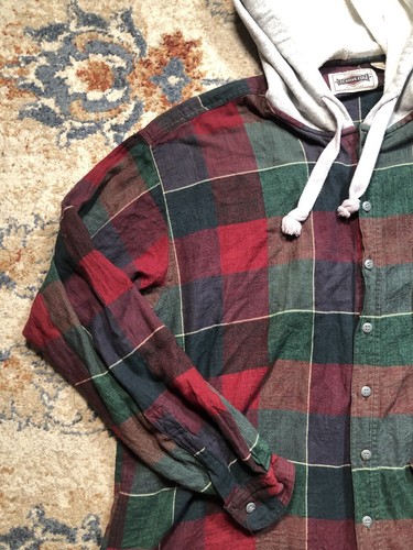 VTG 90s Creative Edge Plaid Flannel Hooded Hoodie Button Up Shirt Mens XL - Picture 3 of 8