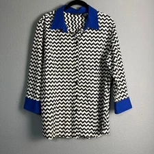 Zac & Rachel Black Chevron Blue Flip Cuff & Collar Button Down Long SL Blouse XL