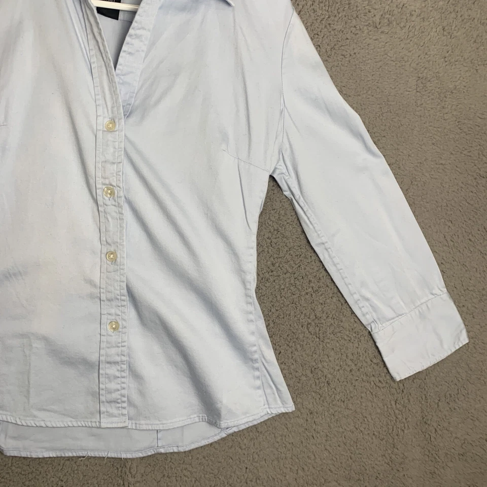 Blusa informal Ninety para mujer azul manga larga cuello en V abotonada talla pequeña Foto 4 de 4