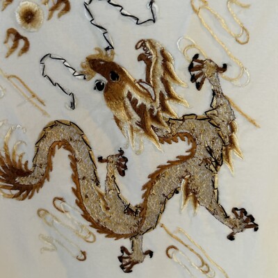 2 Vintage Ivory Chinese Dragon Silk Hand Embroidered Scarves Triangle Brand