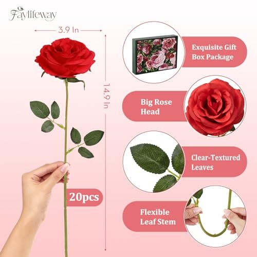 Roses Artificial Flowers Fake Silk Rose with Long Stems, Realistic 20PCS Red - Picture 3 of 7