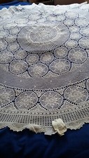 ANCIENNE NAPPE RONDE BLANCHE COTON CROCHET MAIN BRODERIE DENTELLE LINGE MAISON