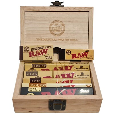 RAW Rolling Kit 8-in-1 - Holzbox, Papiere, Tips - Classic, Schwarz, Bio Hanf