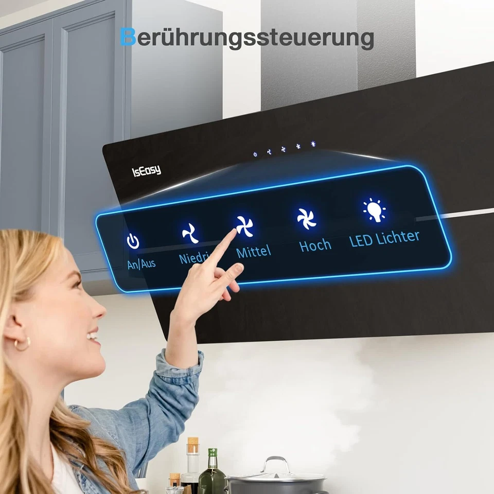 524m³/h Dunstabzugshaube 90cm Kopffrei Wandhaube Schräghaube schwarz Touch  A++