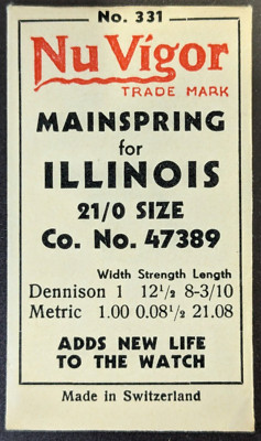 Nu Vigor No. 331 ILLINOIS WATCH MAINSPRING 21/0 Size Factory No. 47389