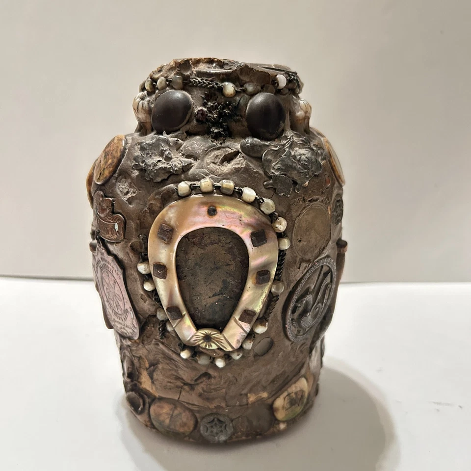 Antigua jarra de memoria c 1910 botella de arte popular olla loca objeto encontrado medio oeste Foto 2 de 4
