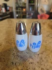 Vintage Gemco Blue Cornflower 3.5" Milk Glass / Chrome Salt & Pepper Shakers
