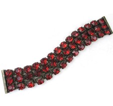 Vintage Ruby Red Round Faceted Rhinestone Bracelet 3 Row Bronze Tone Magnetic