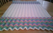 CROCHET WHITE AND PASTEL BABY BLANKET RIC RAC ZIG ZAG HANDMADE CROCHET AFGHAN