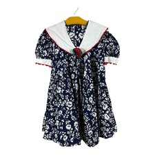Vintage Bonnie Jean GIRLS 6X Navy Blue Floral Dress Sailor Bib Circle Skirt USA