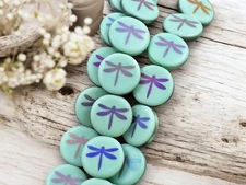 16mm Etched Matte Turquoise Metallic Iris Czech Glass Dragonfly Beads - 8 Beads