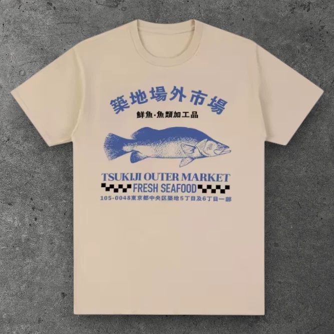 Mens Tsukiji Seafood Market T Shirt Cream Y2K Japanese Streetwear S-3XL