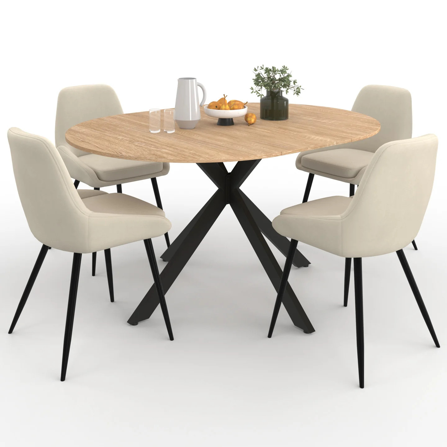 Table extensible ronde bois et noir ALIX avec 4 chaises pour salle à manger modulable