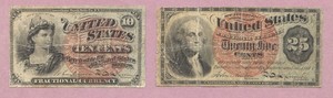 Pair Fourth Issue 10c, 25c Fractional Currency, Ten, Twenty-Five, True Auction