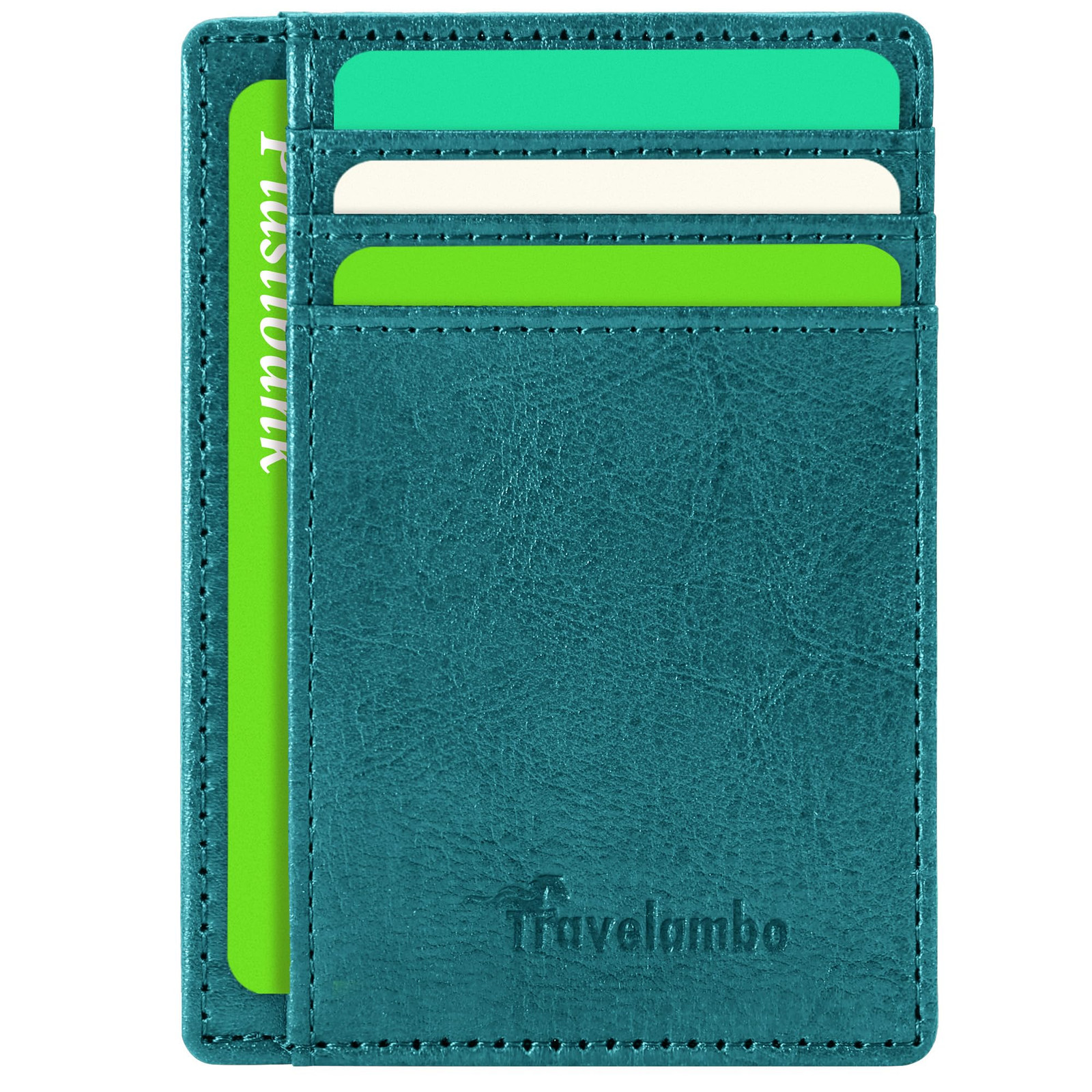 Slim RFID Blocking Leather Wallet for Men and Women - Medium Size, Waxed Teal Finish, Travelambo® Premium Quality Design