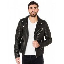 MEN'S BLACK GENUINE LAMBSKIN LEATHER BIKER BRANDO MOTO JACKET QUILTED SLIM FIT
