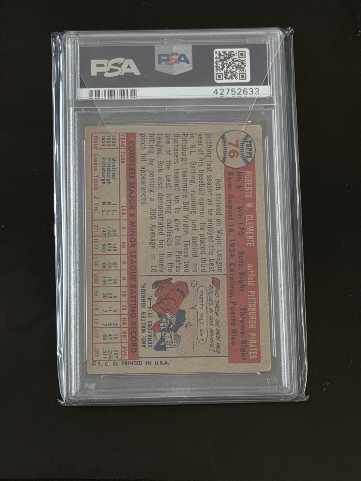 ROBERTO BOB CLEMENTE 1957 TOPPS BASEBALL CARD #76 PITTSBURGH PIRATES PSA 3 VG view 2