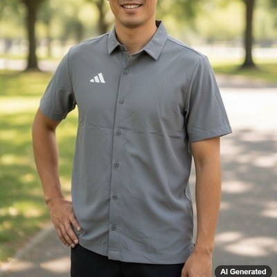 Adidas Mens Grey Short Sleeve Performance Poly Button Up Shirt Size M