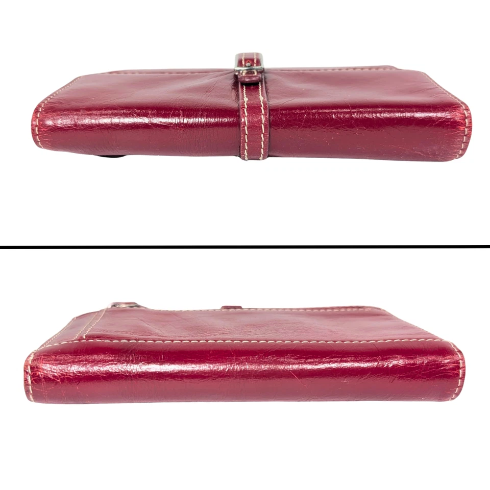 Cartera Tarjetas Monedas Preppy Cuero Rojo Borgoña Italiano Plegable Hebilla a Presión Foto 3 de 4