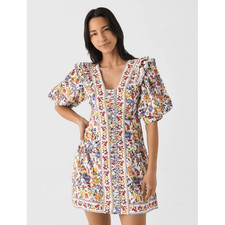 Farm Rio Greek Garden Mini Dress Medium NWT Linen Floral Puff Sleeve Summer Boho