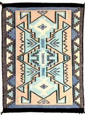 PRISTINE NAVAJO COAL MINE MESA WITH TURQUOISE DYED HANDSPUN WOOL,VINTAGE,MINT,NR