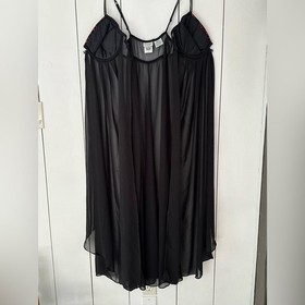 VTG DELICATES Black Lingerie Gown Sz M Red Embroidered Hearts Sheer Open Front