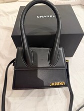 Jacquemus Black Leather Top Handle Bag Gold Logo Hardware Adjustable Strap Small