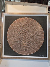 Vintage Art 3D Three Dimensional String Sculpture On Wood with suede background