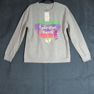 Ecothreads Sweatshirt Womens Small Gray Fleece Love Our Earth Heart Rainbow NWT