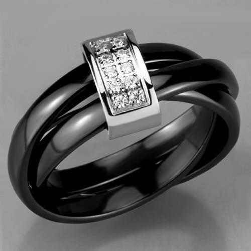Ladies black ceramic rings band russian cz stainless steel interlocking W950 - Picture 4 of 5