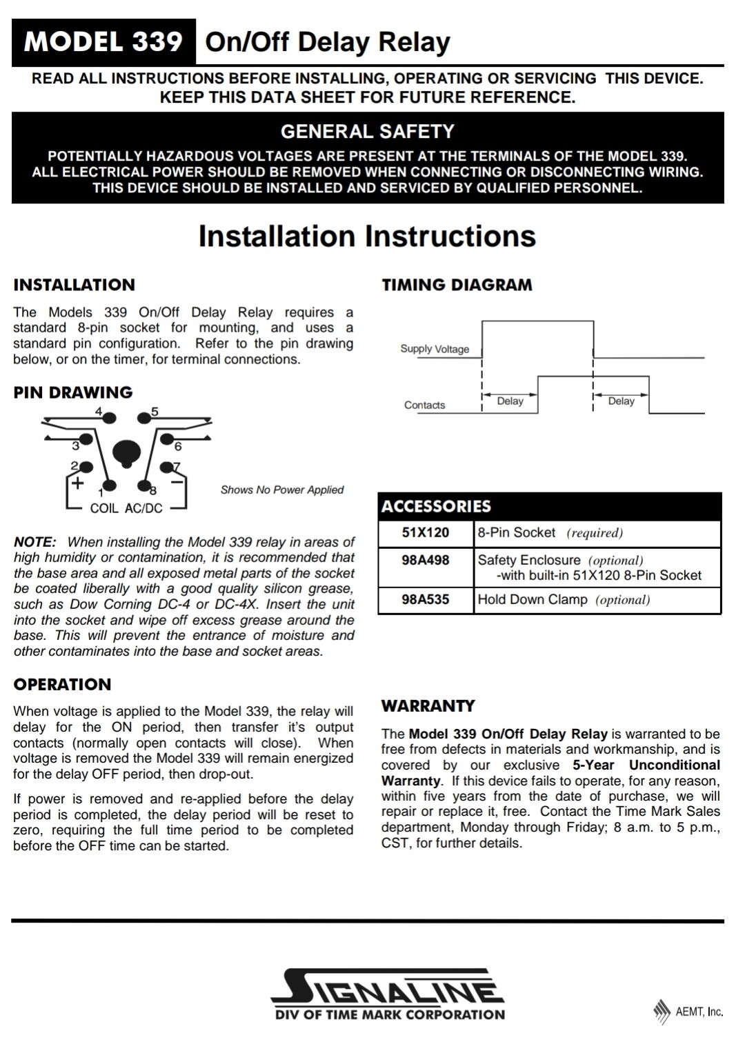 TIME MARK 339-120V-300S ON/OFF DELAY RELAY, TRUE OFF, AC/DC, 8-PIN, 1-300SEC 