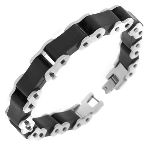 Stainless Steel Black Rubber Silver-Tone Bike Link Chain Mens Bracelet - Picture 1 of 3