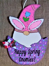 HAPPY SPRING GNOMIES Easter SIGN Wall Art Door Hanger Plaque Wreath Attachment