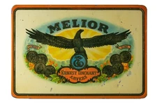 Rare 1930s Belgian “Melior Victoria“ litho hinged 10 cigar tin in very good cond