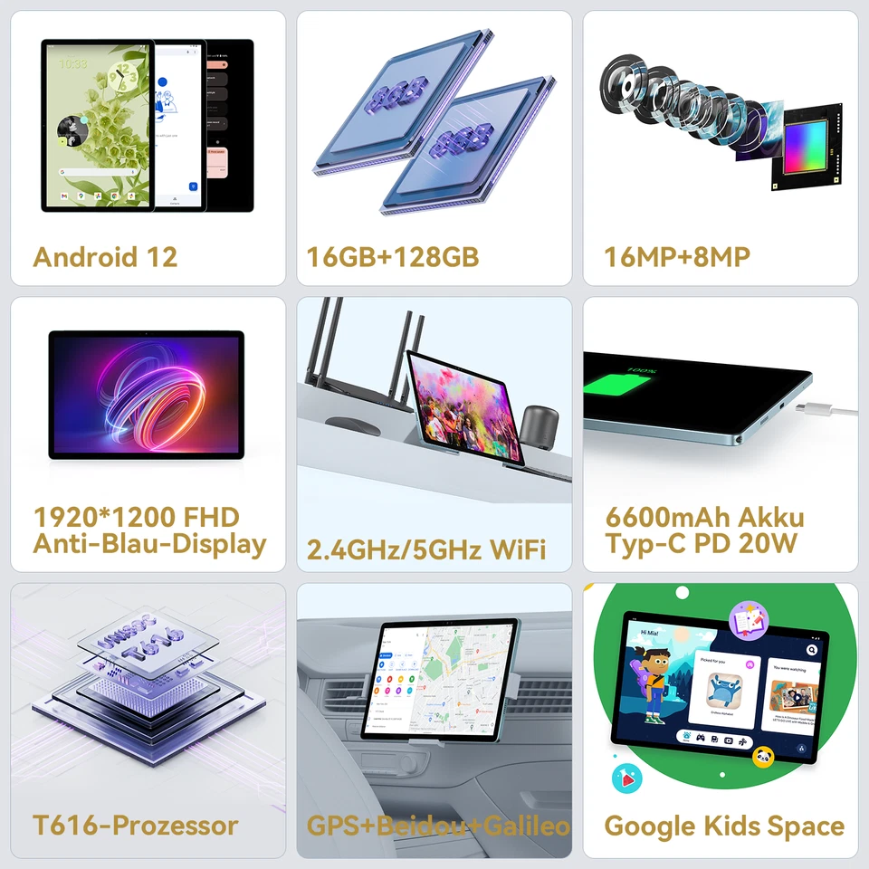 Headwolf WiFi Tablet PC 10 Zoll Android 12 16GB+128GB FHD IPS Widevine L1 4G LTE - Bild 2 von 4