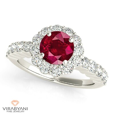 1.35 ct. Natural Ruby Ring With 0.70 ctw. Diamond Floral Halo 14K White Gold