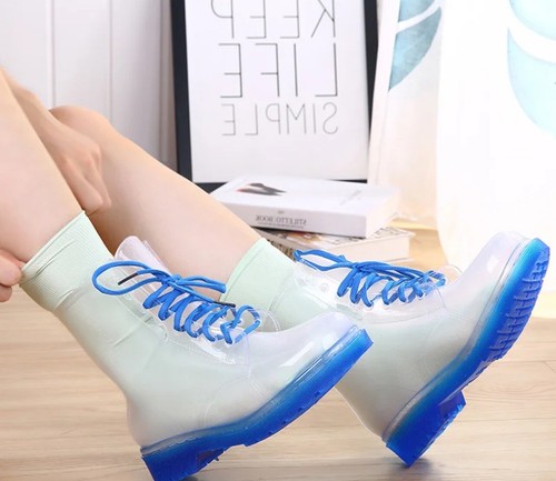 French Kiss Clear Ankle Booties Waterproof Blue Sole Laces Shoes Size 9 - 第 7/17 張圖片
