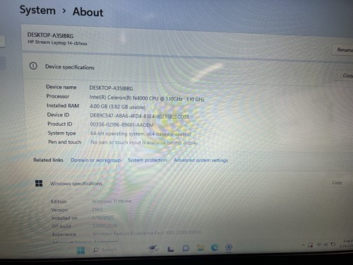HP Stream 14 Intel N4000 @ 1.10GHz / 4GB RAM / 64GB SSD / Win 11 / FOR PARTS - Afbeelding 7 van 9