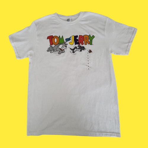 ★ SPAO★ Tom and Jerry Tom and Jerry Check Short Sleeve Pa Tom & Jerry w/ Bulldog Spike 100% Preshrunk Cotton White T