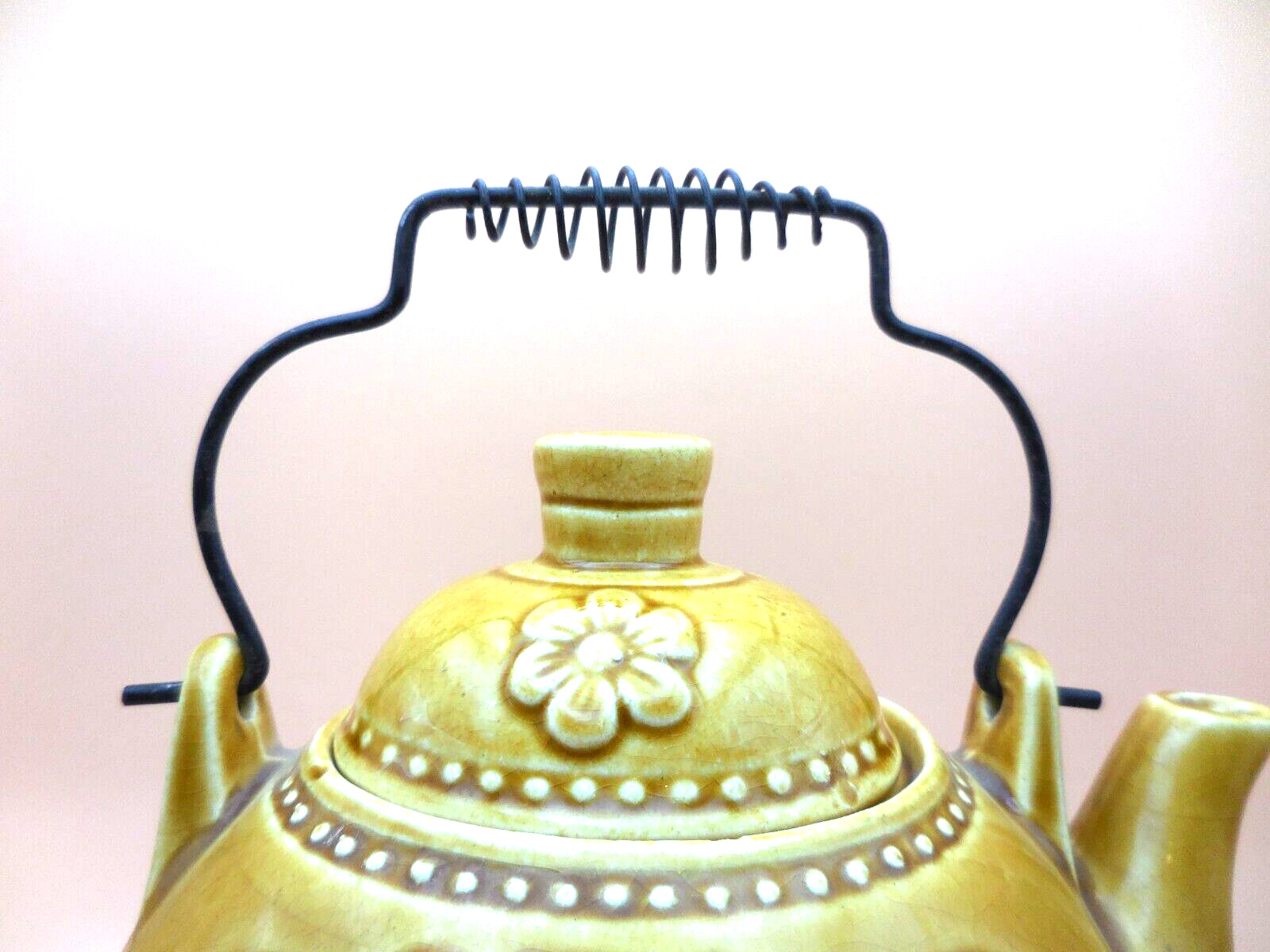 Honey Brown Rustic Fruit Ceramic Spring Wire Handle 7 IN Round Teapot (BIN GW71)