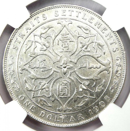 1908 Straits Settlements Dollar $1 - Certified NGC Uncirculated Detail (UNC MS) - Picture 4 of 5