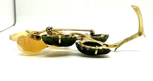 Articulated Frosted Carved Citrine Flowers Nephrite Leaves 18k Brooch Pin - Picture 24 of 24