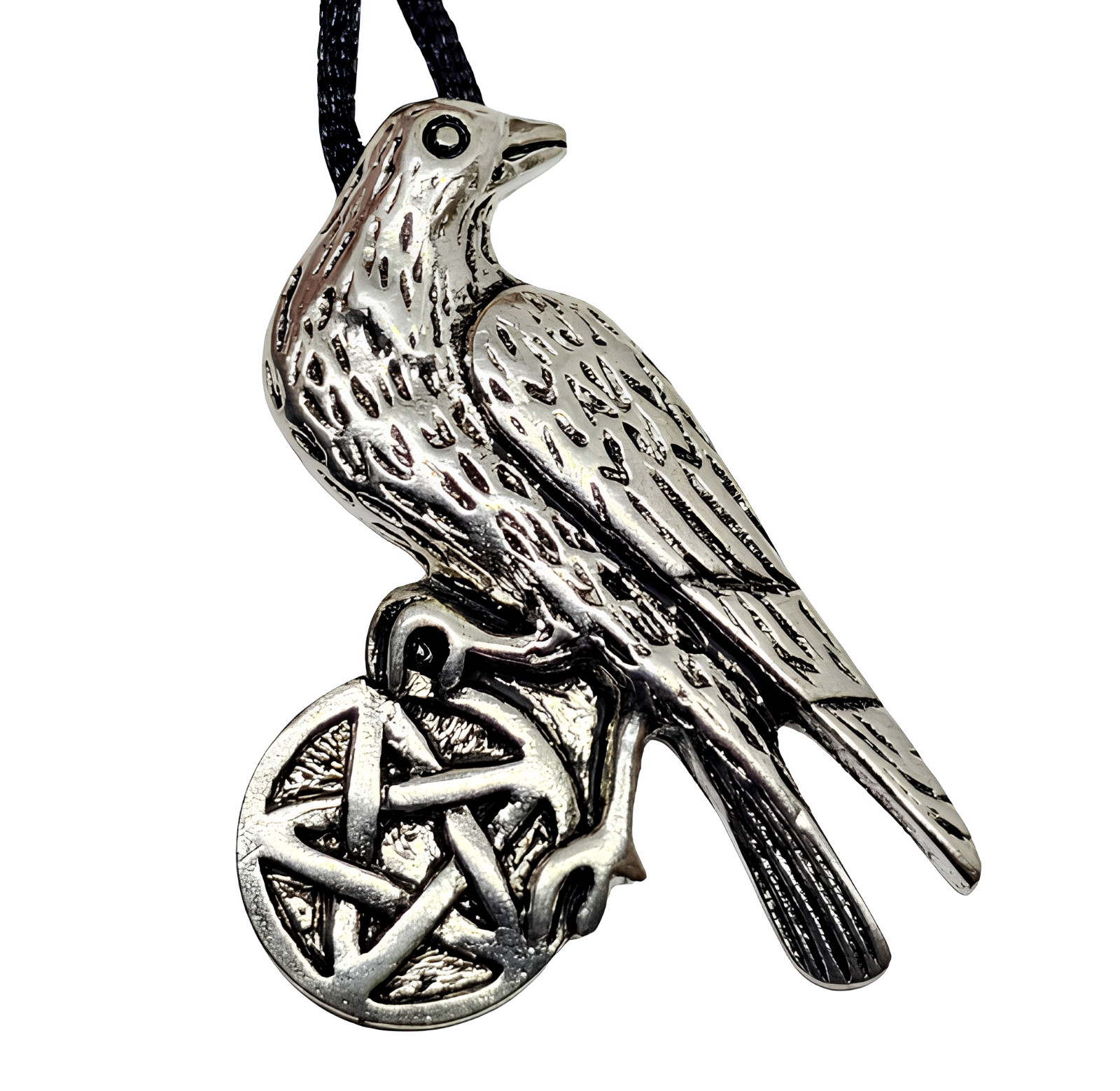 Raven Pentacle Pendant Pewter Necklace Spiritual Unisex Bead Tie Cord Jewellery