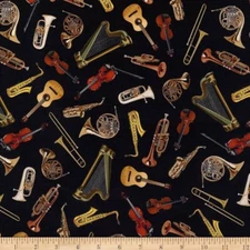 Pitch Perfect Cotton Fabric Musical Instruments Black Michael Miller By the Yard