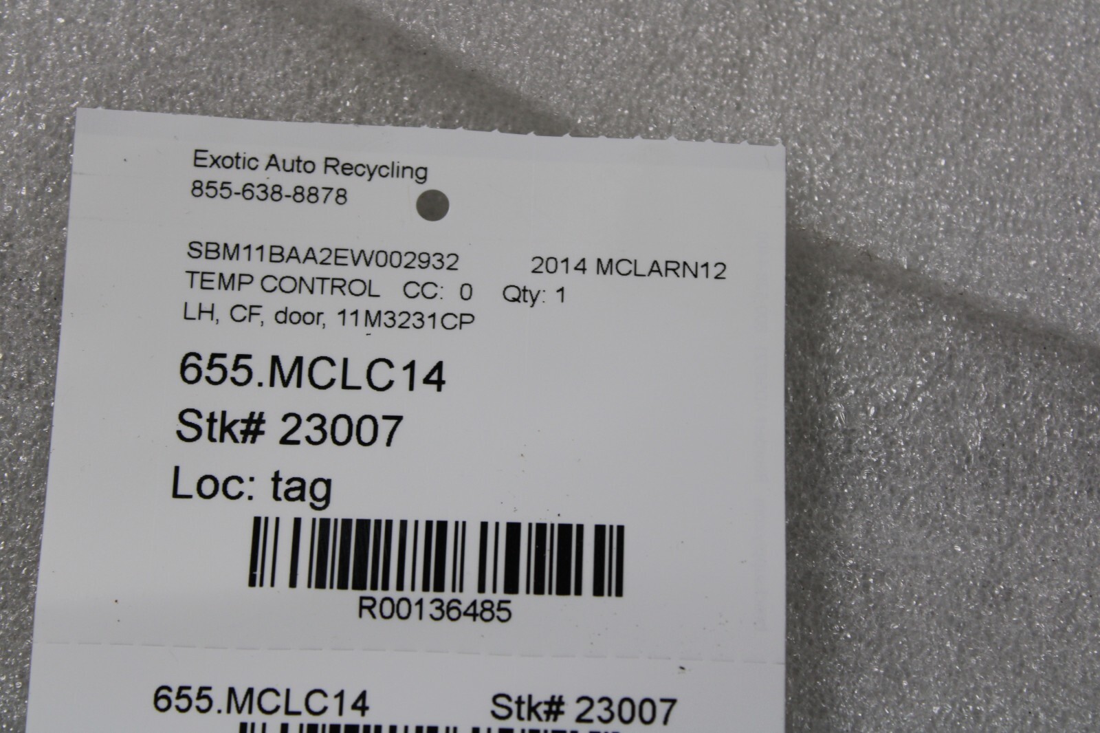 Mclaren MP4-12C, Carbon Fiber, LH, Door Temperature Control, Used, P/N 11M3231CP