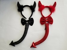 3pc Red/ Black Devil Horns Tail  Bow Tie Costume Set fun Halloween dress up kit
