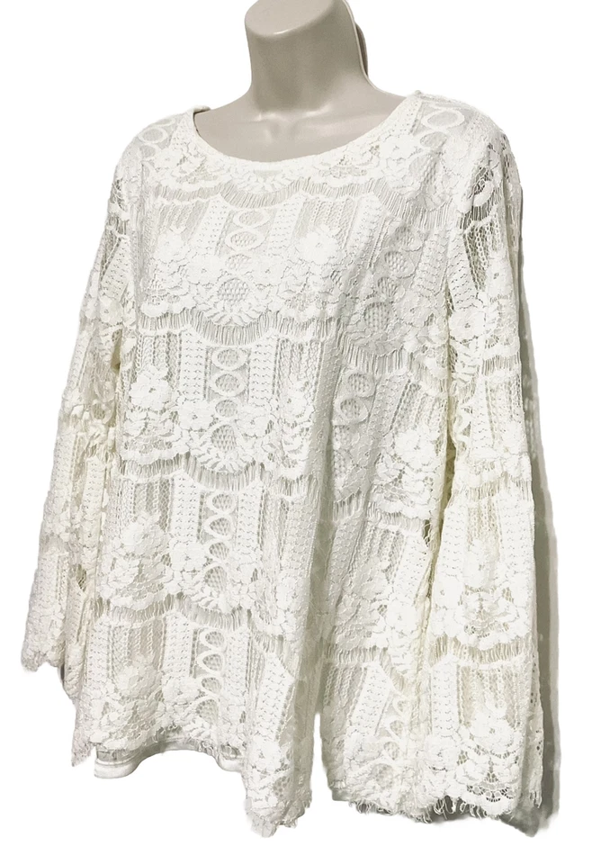 Top grande Charter Club boho campesino marfil manga larga campana encaje flecos forrado Foto 3 de 4