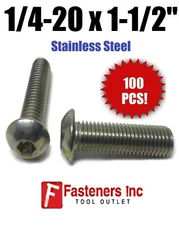 (Qty 100) 1/4-20 x 1-1/2" Button Head Socket Cap Screw Stainless Steel Screws